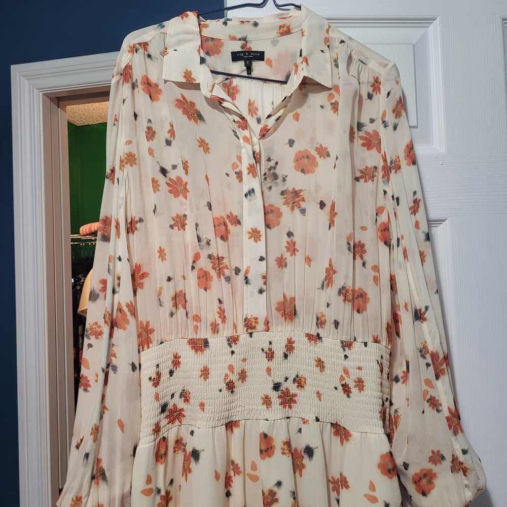 Rag And Bone Cream Floral Long Sleeve Smocked-Waist Dress
